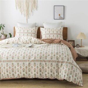 NEW Anthro Cream Boho Queen / King Size Floral Bedding Duvet Cotton Sham Set